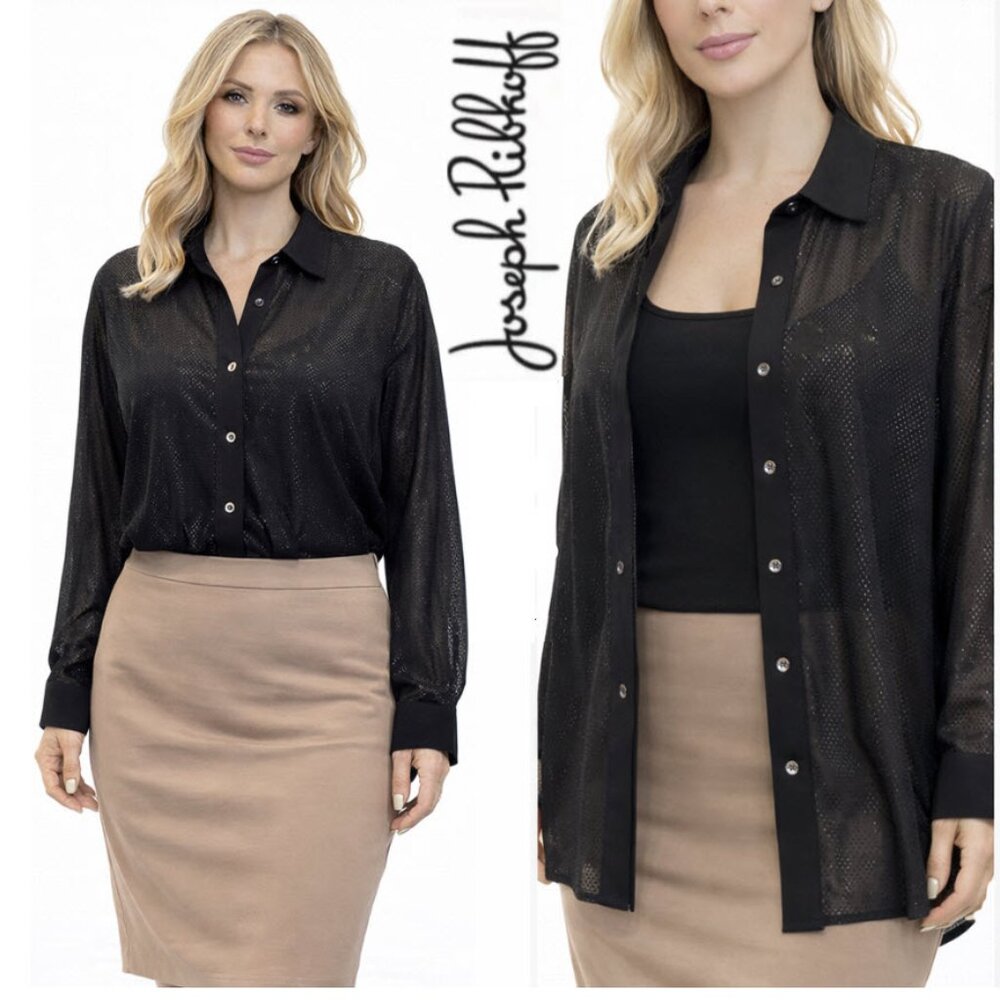 Joseph Ribkoff Black Sheer Dotted Button Down Blouse size xL